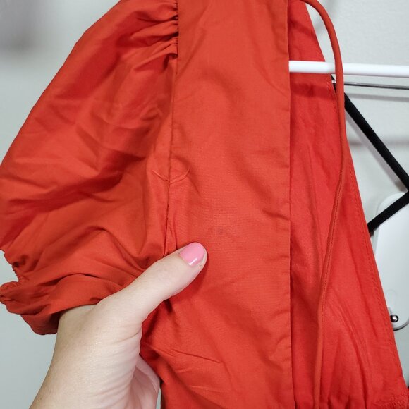 NWT ABERCROMBIE & FITCH Puff Sleeve Slim Poplin Midi Dress V-Neck Red Women's XS - Picture 16 of 16